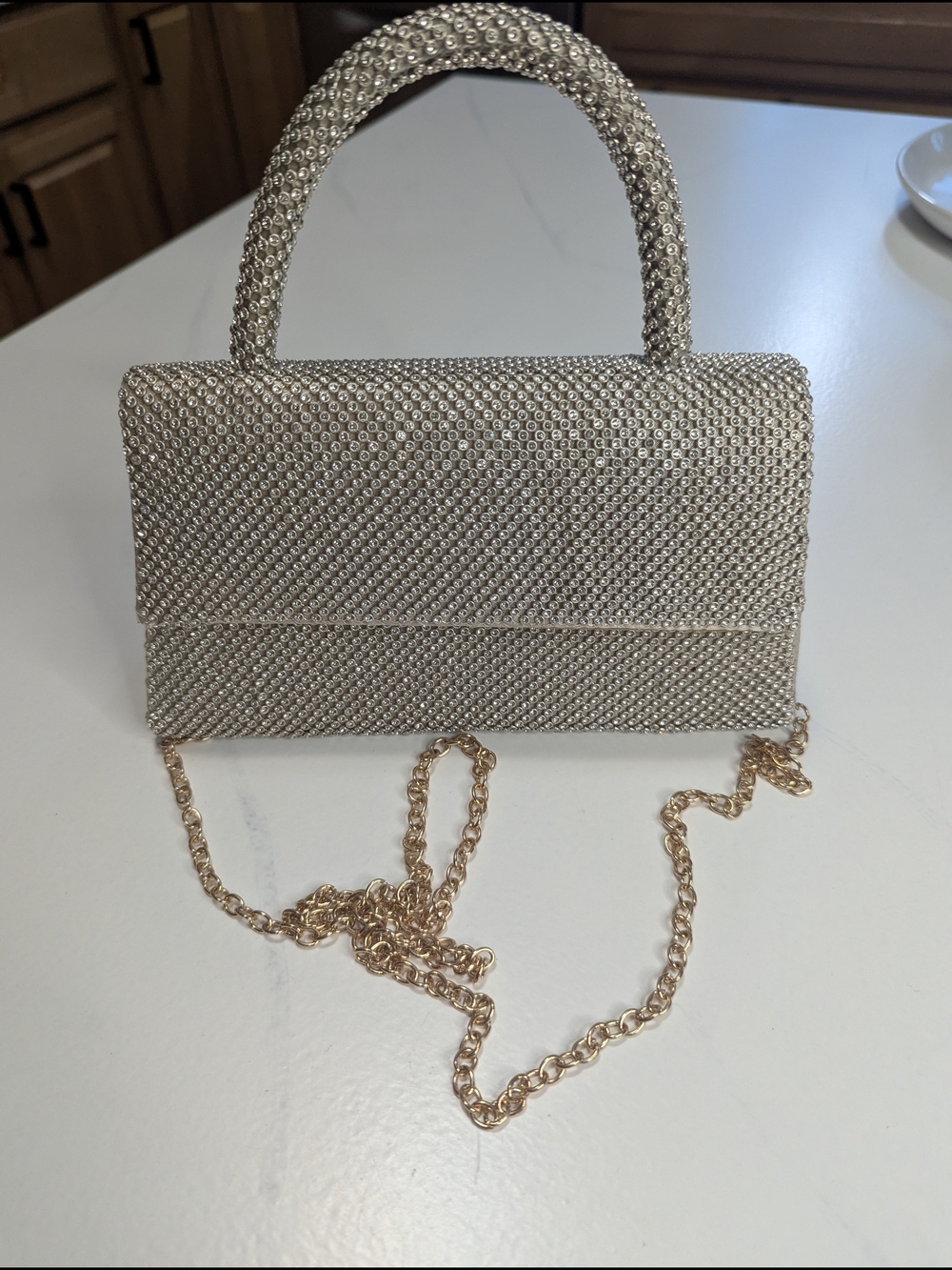 Jessica McClintock Remi Rhinestone Handle Bag Silver W/ Gold Tone Evening Clutch